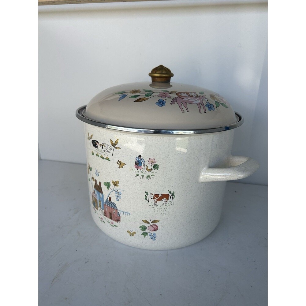 Vintage International China Heartland Enamelware 8 Qt Stock Pot Lid Brass Knob - Picture 4 of 11
